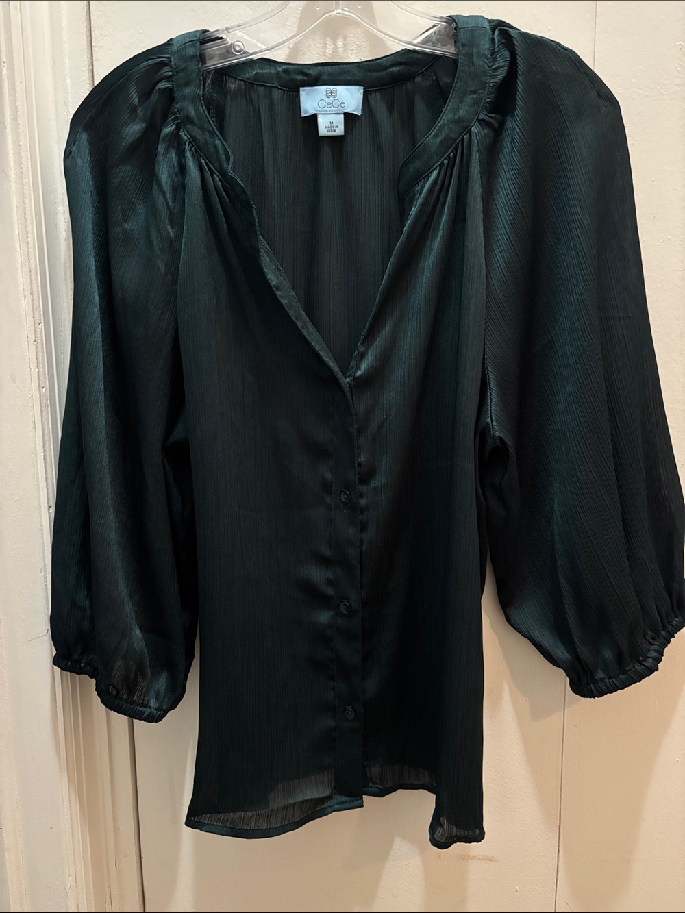 CeCe Emerald Green Satin V-Neck Button Blouse